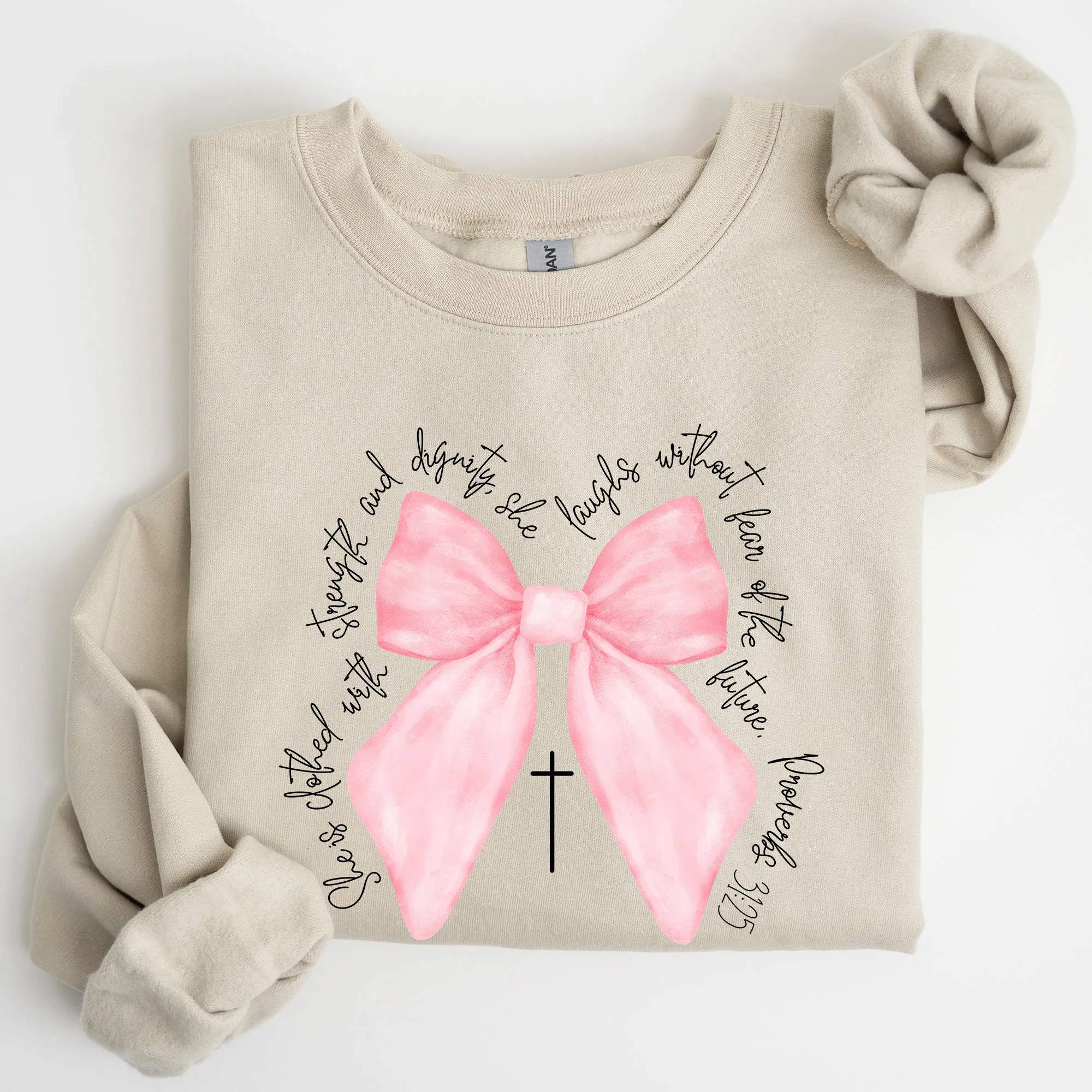 She Is Clothed With Strength and Dignity, Proverbs, Bows, Ribbon, Girly, Religious, Christmas, Faith Sweatshirt sold by Refinery Number One product image thumbnail 5