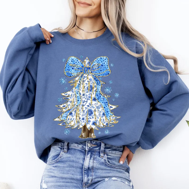 Blue Christmas, Christmas Tree, Bow, Delft, Coquette, Floral, Santa, Classic Sweatshirt sold by Refinery Number One
