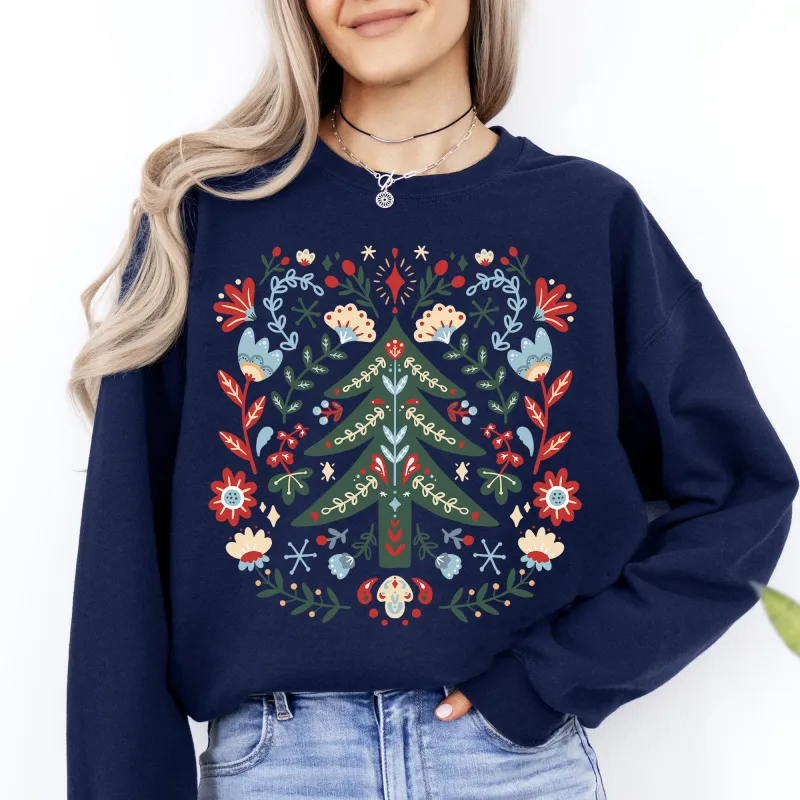Christmas Tree Folk Art, Scandinavian, Classic, Santa, Floral Sweatshirt sold by Refinery Number One