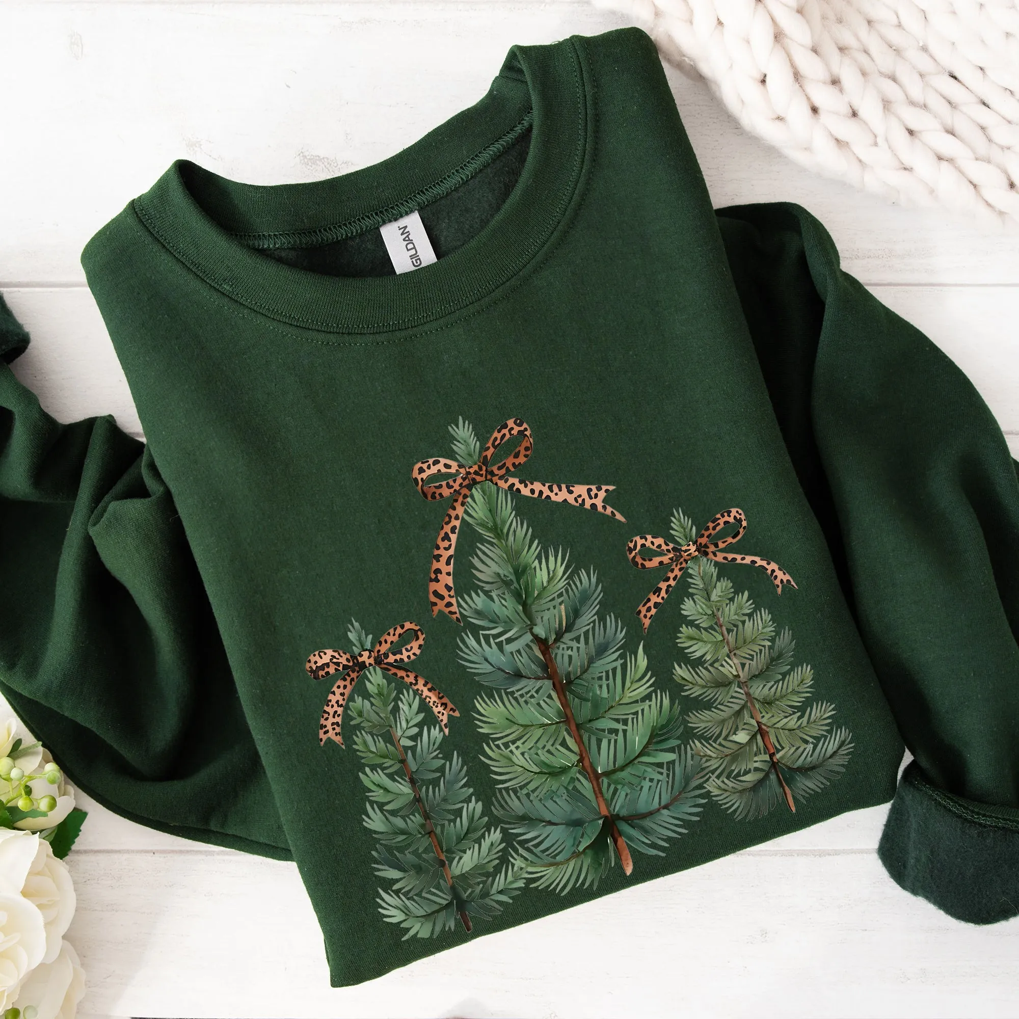 Christmas Trees, Leopard Print Bow, Minimalist, Santa, Snow, Xmas Sweatshirt sold by Refinery Number One product image thumbnail 3