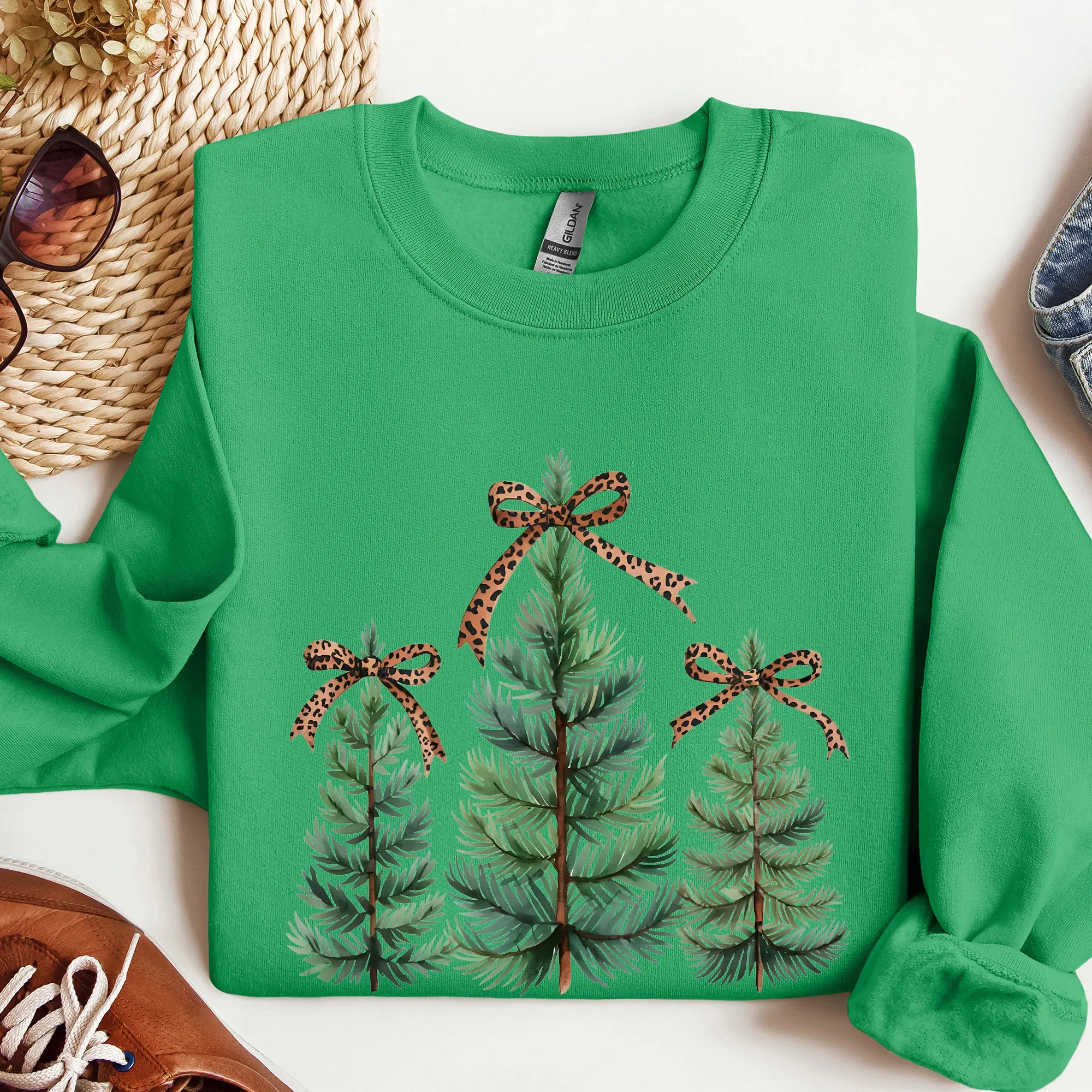 Christmas Trees, Leopard Print Bow, Minimalist, Santa, Snow, Xmas Sweatshirt sold by Refinery Number One product image thumbnail 4
