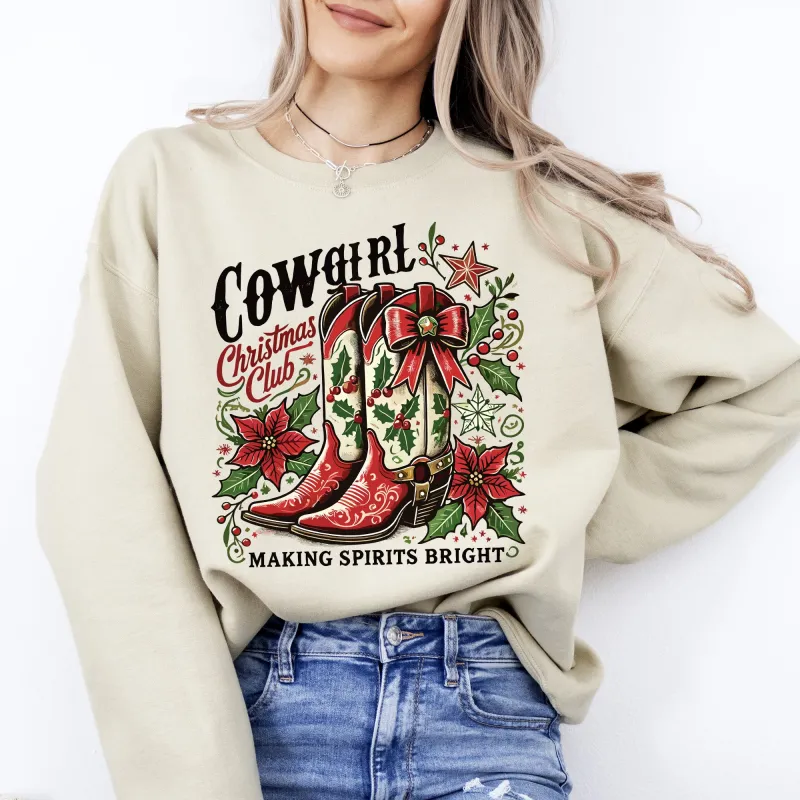 Cowgirl Christmas Club, Cowboy Boots, Western, Santa, Flowers Sweatshirt sold by Refinery Number One