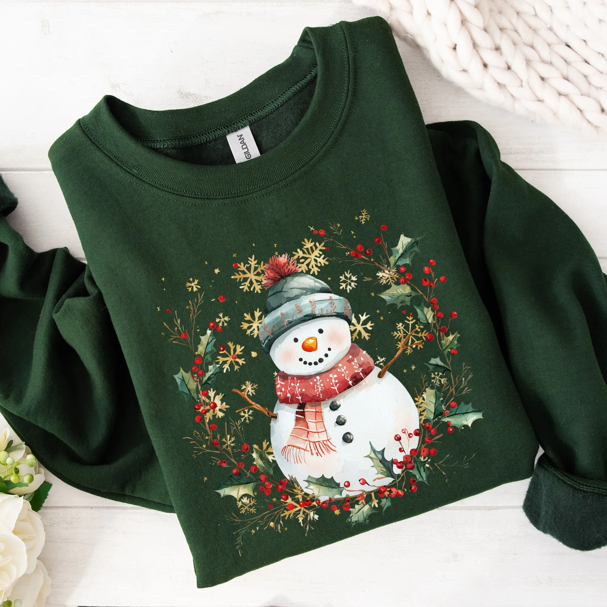 Snowman, Wreath, Christmas Botanical, Holly, Santa, Cute Sweatshirt sold by Refinery Number One product image thumbnail 3