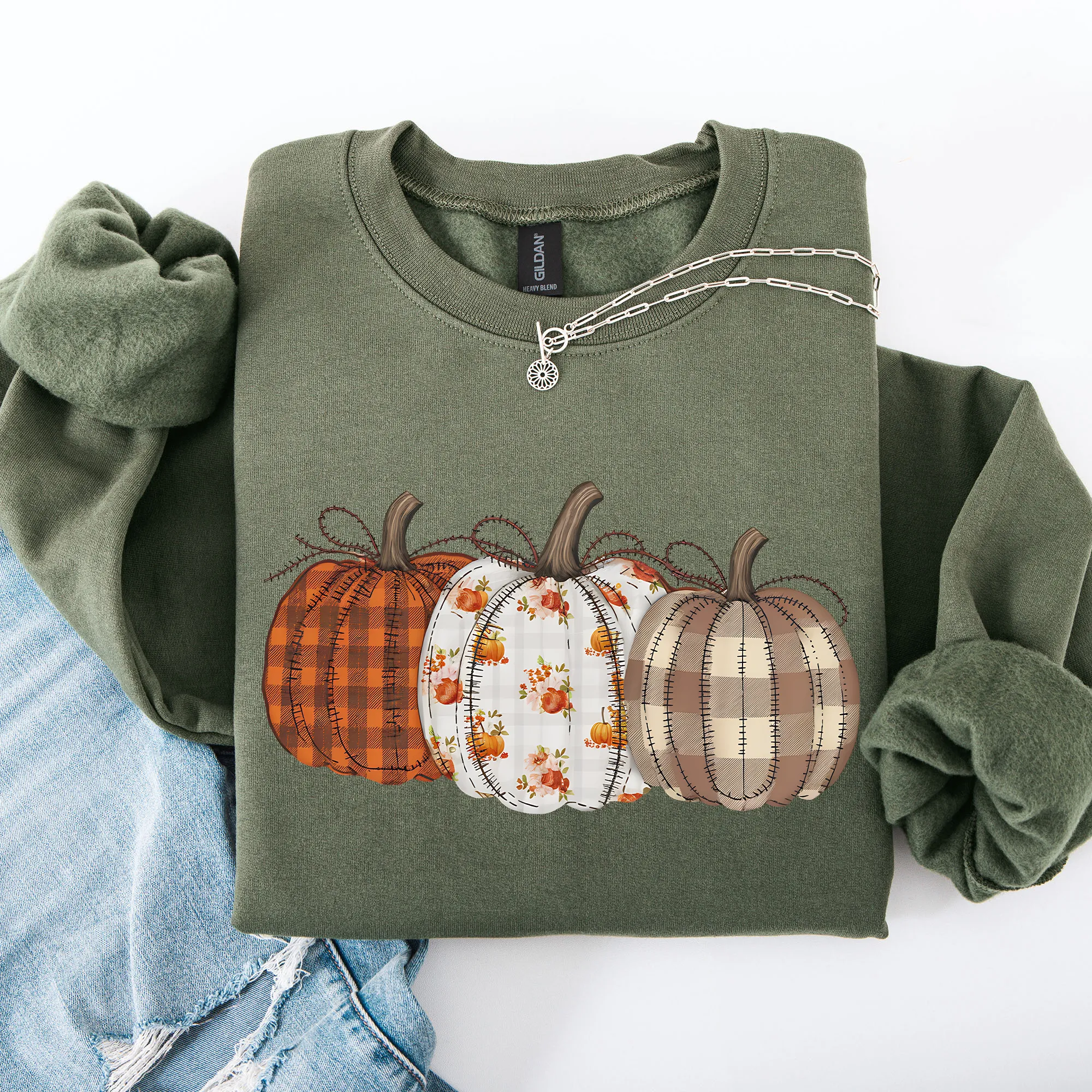 Cute Patterned Pumpkins, Halloween, Autumn, Fall, Plaid, Halloween Sweatshirt sold by Refinery Number One product image thumbnail 3