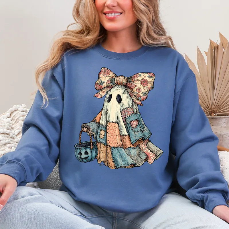 Retro Halloween Faux Denim Ghost, Faux Patchwork Spooky Ghost, Cute Boo Ghost Coquette, Fall Pumpkin, Spooky Season, Halloween Sweatshirt sold by Refinery Number One