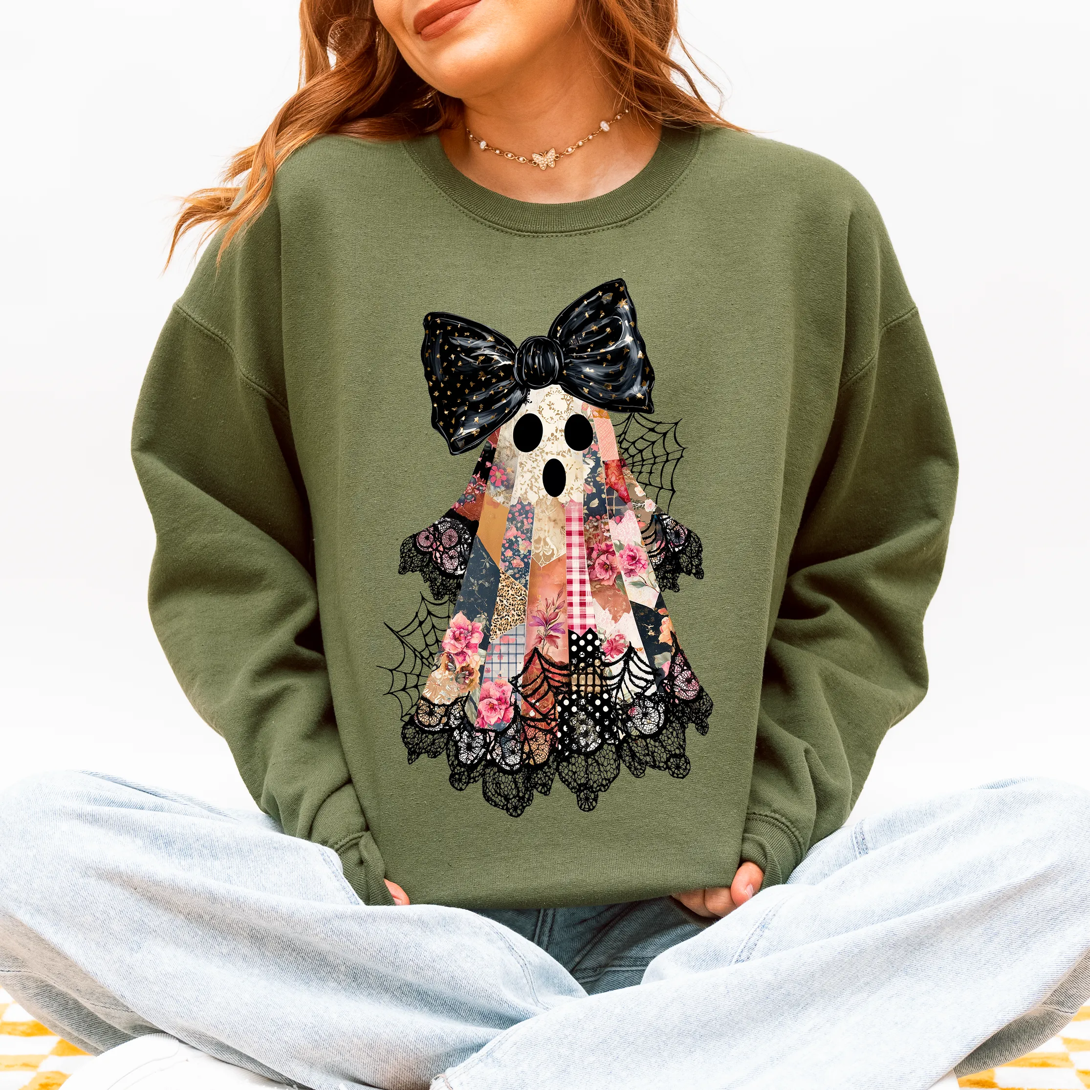 Faux Patchwork Lace Ghost Shirt, Patchwork Ghost, Lace Ghost, Retro Halloween, Spooky Season, Coquette Ghost, Halloween Sweatshirt sold by Refinery Number One product image thumbnail 4