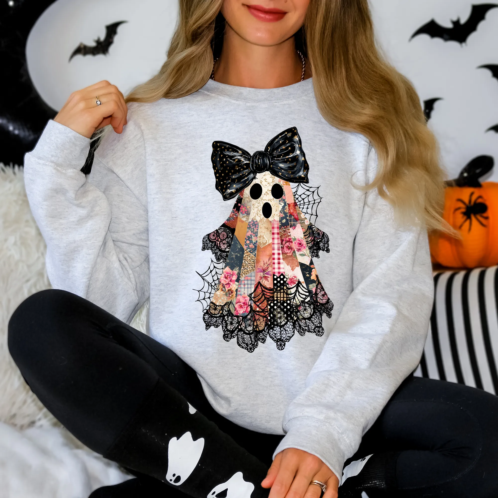 Faux Patchwork Lace Ghost Shirt, Patchwork Ghost, Lace Ghost, Retro Halloween, Spooky Season, Coquette Ghost, Halloween Sweatshirt sold by Refinery Number One
