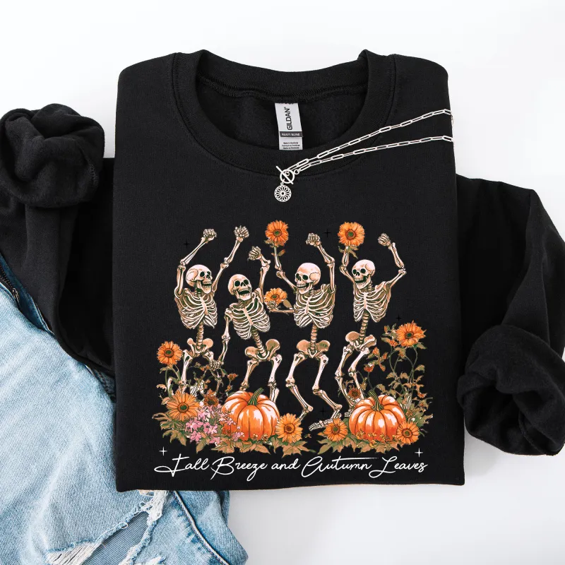 Fall Breeze and Autumn Leaves, Skeletons, Fall, Pumpkin Spice, Autumn Skeleton, Dancing Skeletons, Halloween Sweatshirt sold by Refinery Number One