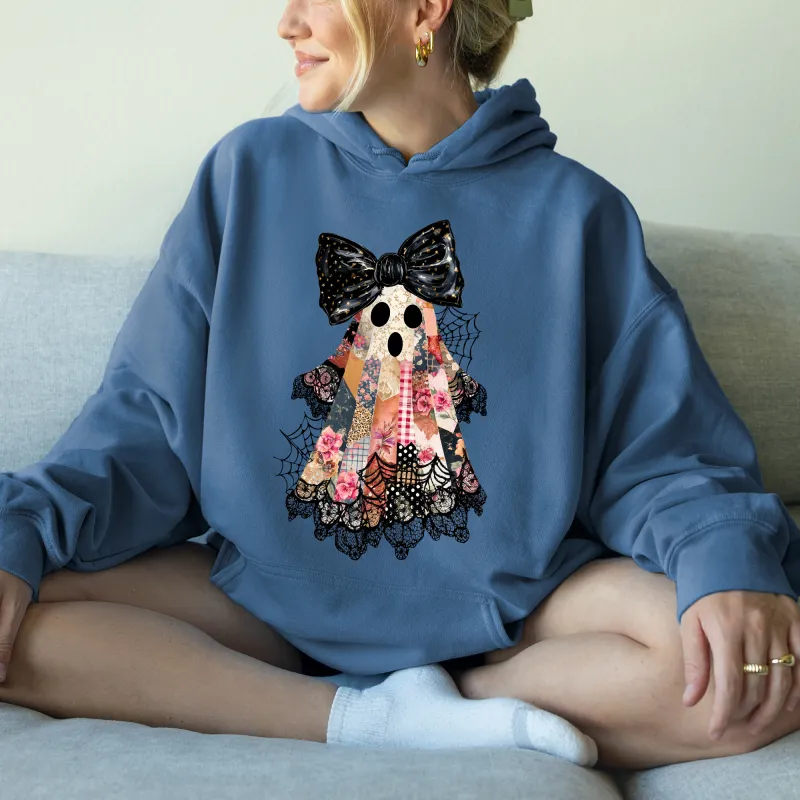 Faux Patchwork Lace Ghost Shirt, Patchwork Ghost, Lace Ghost, Spooky Season, Coquette Ghost, Graphic Hoodie, Hooded Sweatshirt sold by Refinery Number One