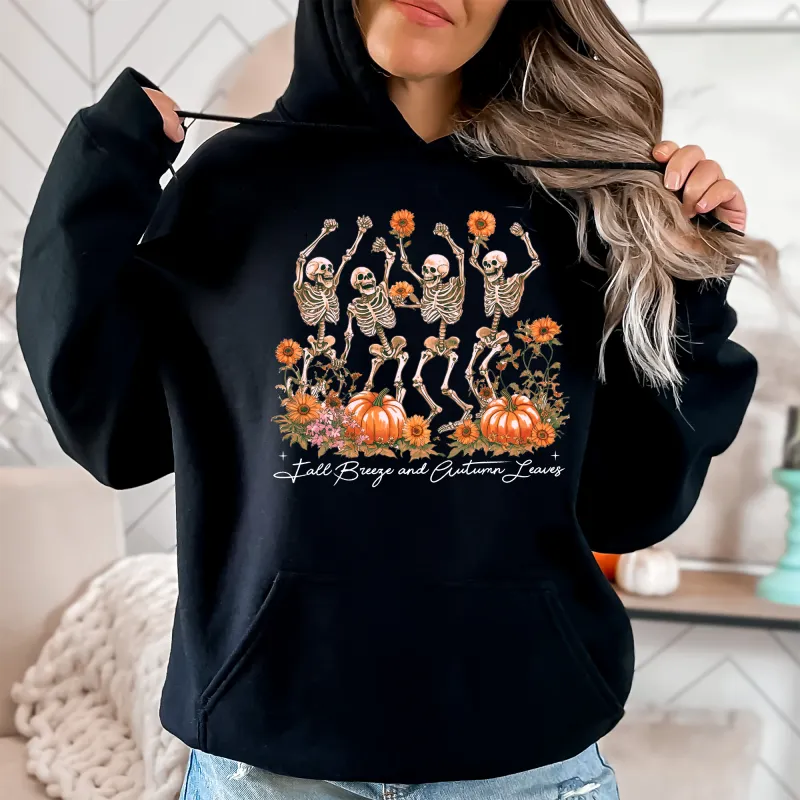 Fall Breeze and Autumn Leaves, Skeletons, Fall, Pumpkin Spice, Autumn Skeleton, Dancing Skeletons, Graphic Hoodie, Hooded Sweatshirt sold by Refinery Number One