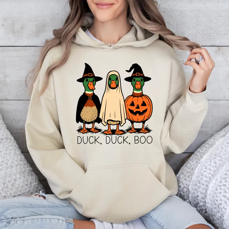 Duck Duck Boo, Funny Goose Halloween, Silly Duck Ghost, Witch, Trick or Treat, Spooky Season, Graphic Hoodie, Hooded Sweatshirt sold by Refinery Number One