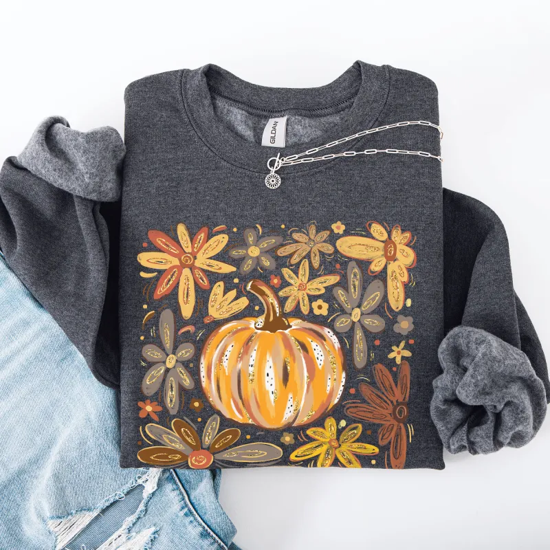 Beautiful Pumpkin Autumn Flowers, Fall, Floral, Watercolor Sweatshirt sold by Refinery Number One