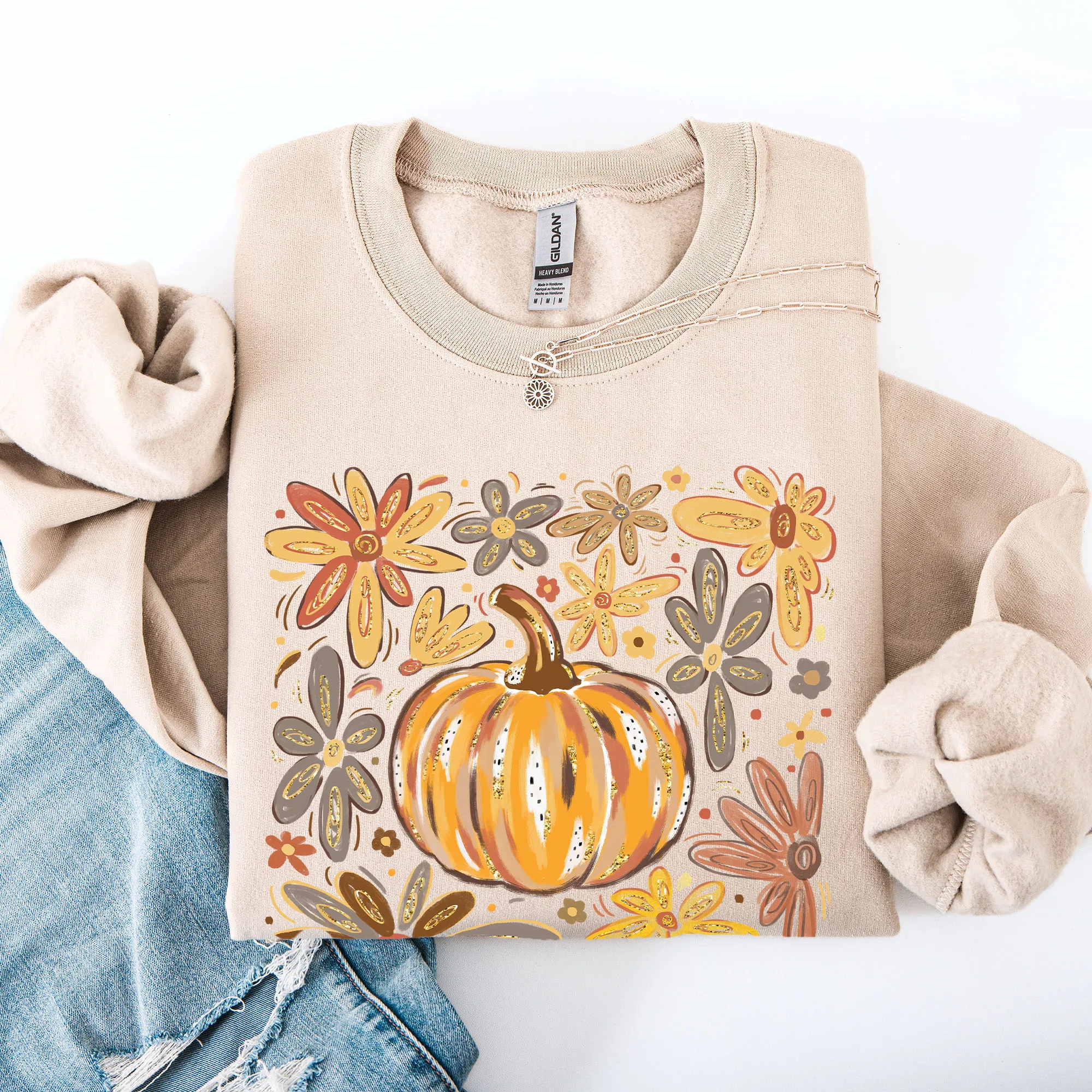 Beautiful Pumpkin Autumn Flowers, Fall, Floral, Watercolor Sweatshirt sold by Refinery Number One product image thumbnail 2