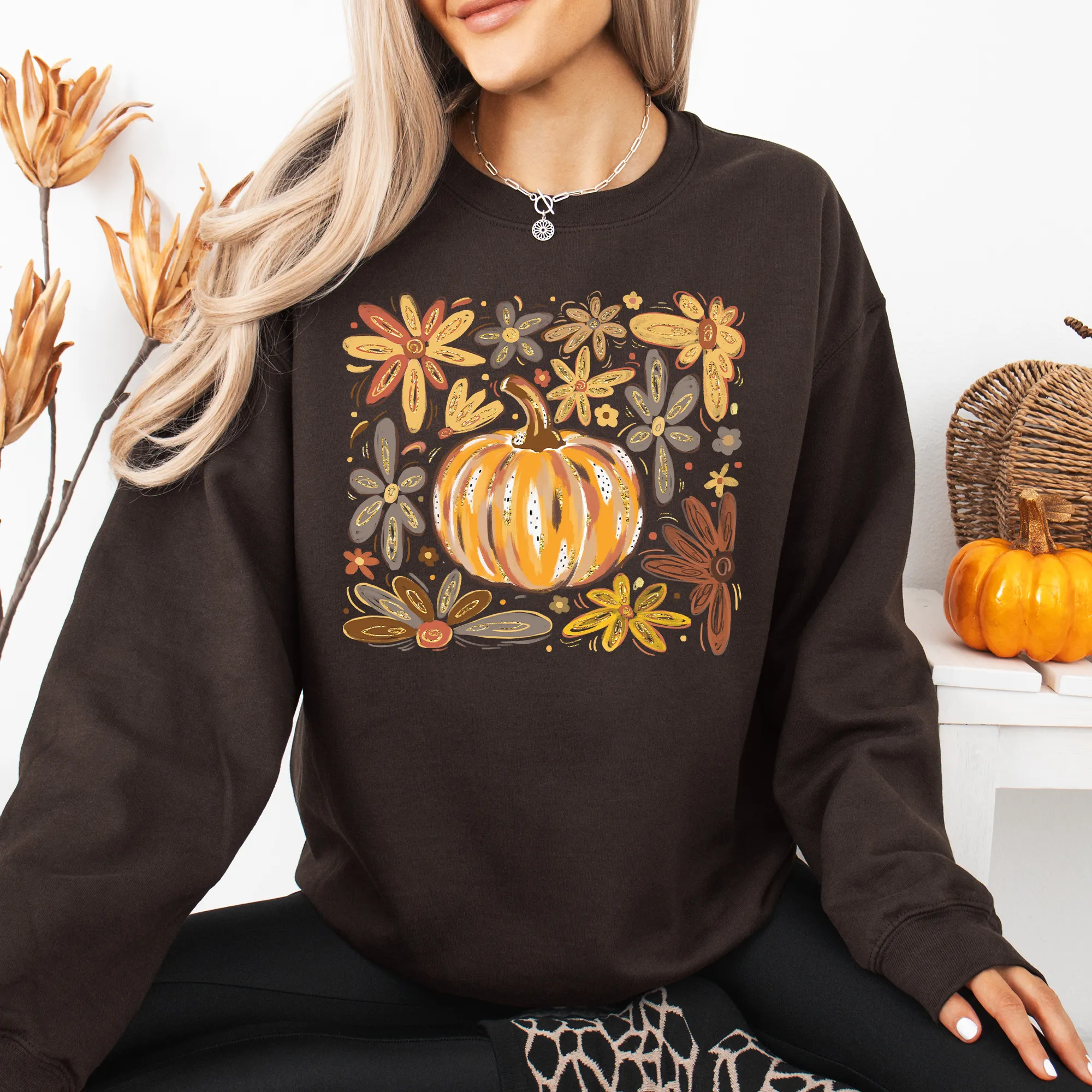 Beautiful Pumpkin Autumn Flowers, Fall, Floral, Watercolor Sweatshirt sold by Refinery Number One product image thumbnail 4