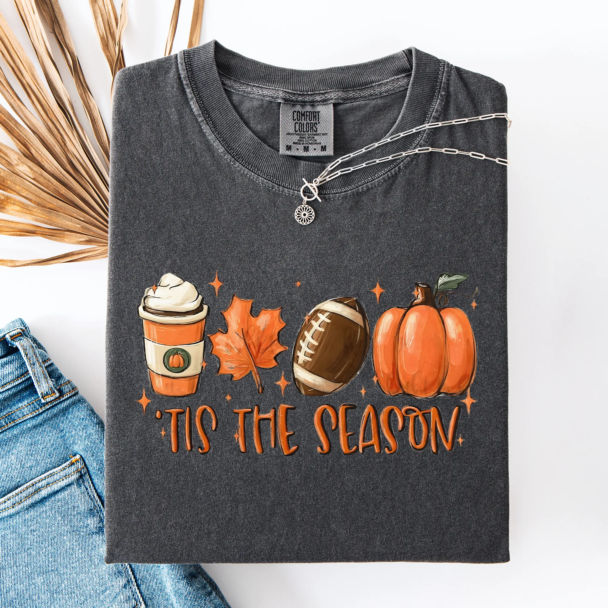 Tis The Season, Football, Game Day, Pumpkin, Coffee, Autumn, Fall, Comfort Colors T-Shirt sold by Refinery Number One product image thumbnail 3