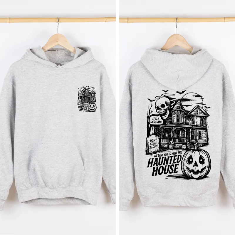 We Dare You To Visit The Haunted House, Spooky, Halloween, Pumpkin, Graphic Hoodie, Hooded Sweatshirt sold by Refinery Number One