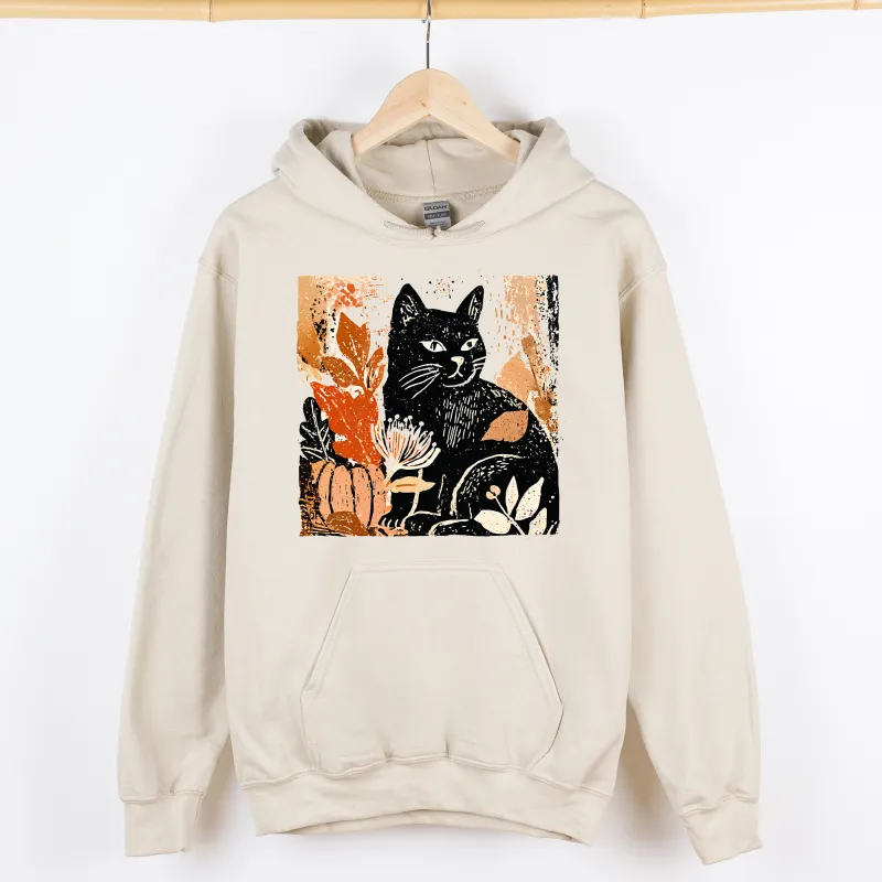 Vintage Black Cat, Halloween, Autumn, Fall, Pumpkin, Graphic Hoodie, Hooded Sweatshirt sold by Refinery Number One