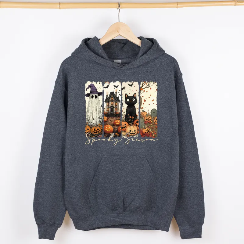 Spooky Season, Stripes, Halloween, Cat, Ghost, Pumpkins, Autumn, Fall, Graphic Hoodie, Hooded Sweatshirt sold by Refinery Number One