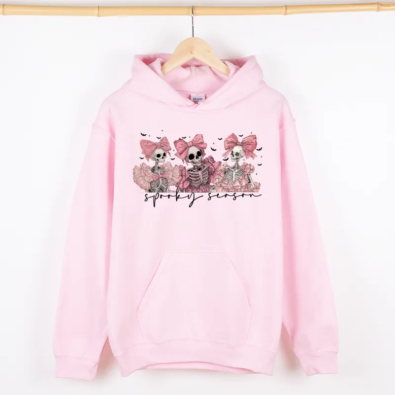 Spooky Season, Pink Skeletons, Cute, Coquette, Ribbon, Bows, Halloween, Graphic Hoodie, Hooded Sweatshirt sold by Refinery Number One