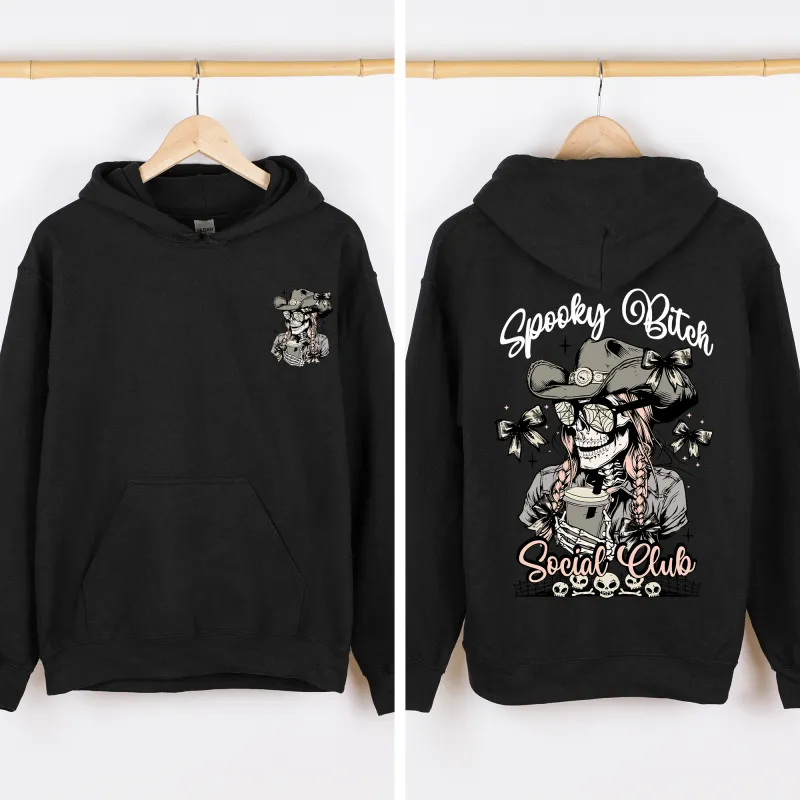 Spooky Bitch Social Club, Skeleton, Coquette, Halloween, Trending, Graphic Hoodie, Hooded Sweatshirt sold by Refinery Number One