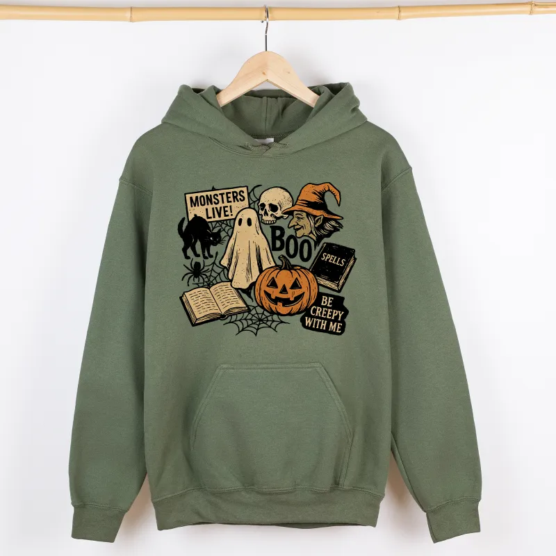 Retro Halloween, Monsters, Witch, Creepy, Graphic Hoodie, Hooded Sweatshirt sold by Refinery Number One