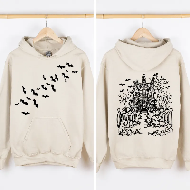 Haunted House, Front and Back, Halloween, Retro, Fall, Autumn, Bats, Witches, Skeleton, Jack-o-lanterns, Graphic Hoodie, Hooded Sweatshirt sold by Refinery Number One