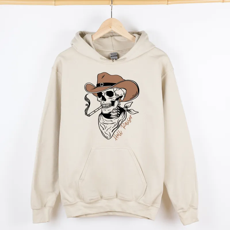 Hell Raiser, Skeleton, Halloween, Spooky, Cowboy, Country, Western, Graphic Hoodie, Hooded Sweatshirt sold by Refinery Number One