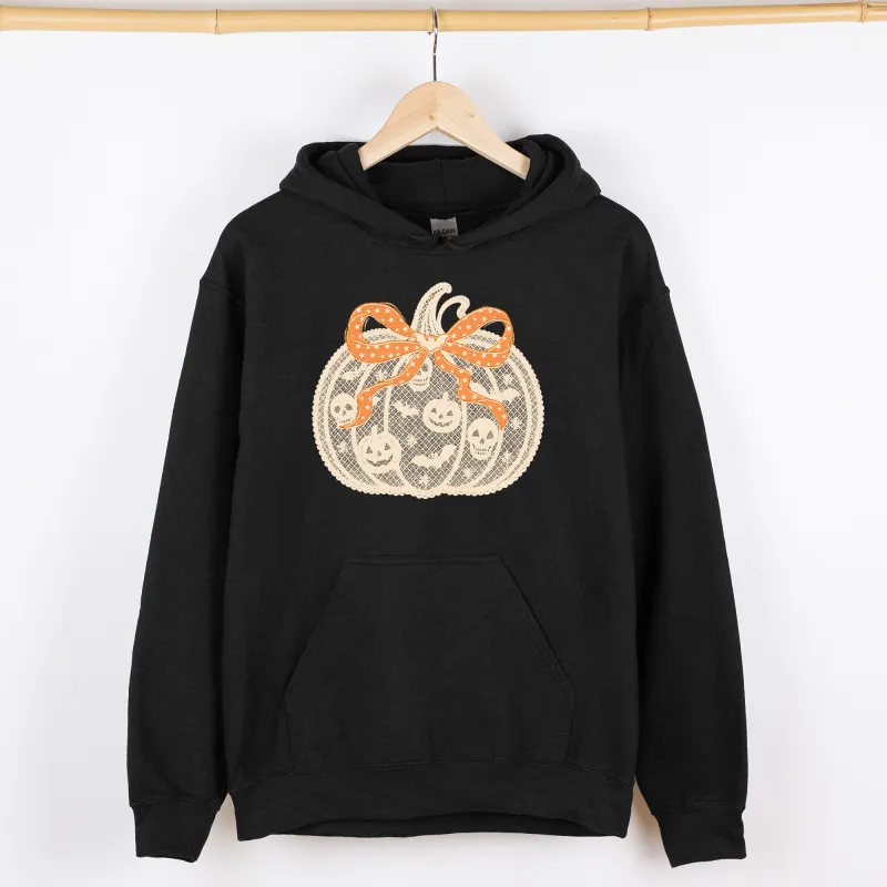 Halloween Pumpkin, Faux Lace, Coquette, Ribbon, Bows, Graphic Hoodie, Hooded Sweatshirt sold by Refinery Number One