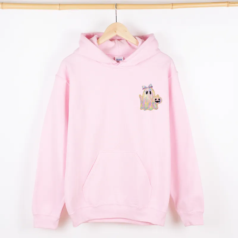 Cute Ghost, Coquette, Ribbon, Faux Glitter, Halloween, Pocket Hoodie, Hooded Sweatshirt sold by Refinery Number One