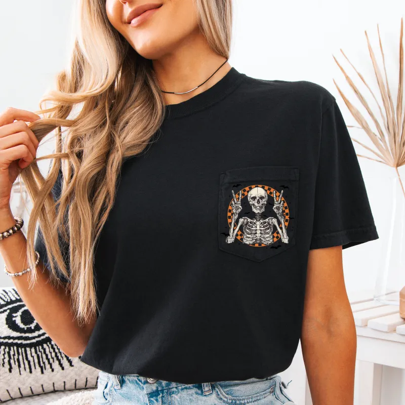 Skeleton, Peace, Checkered, Halloween, Pocket, Comfort Colors Pocket T-Shirt sold by Refinery Number One