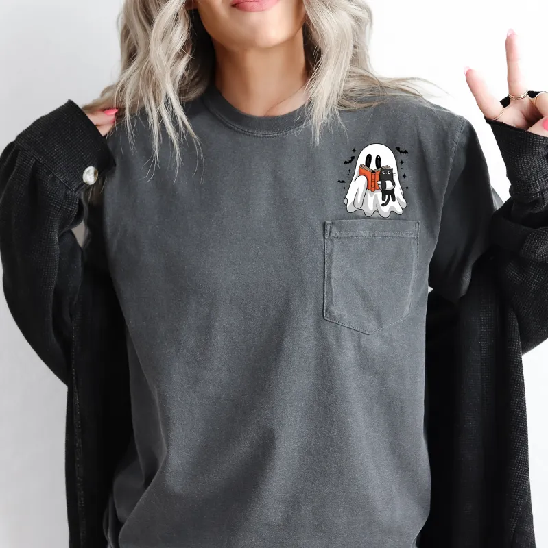 Reading Ghost, Cat, Funny, Halloween, Book, Library, Pocket, Comfort Colors Pocket T-Shirt sold by Refinery Number One