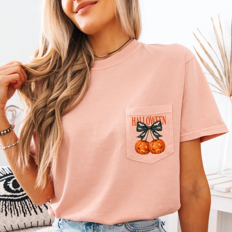 Halloween Jack o Lanterns, Cherry, Coquette, Cute, Adorable, Pocket, Comfort Colors Pocket T-Shirt sold by Refinery Number One