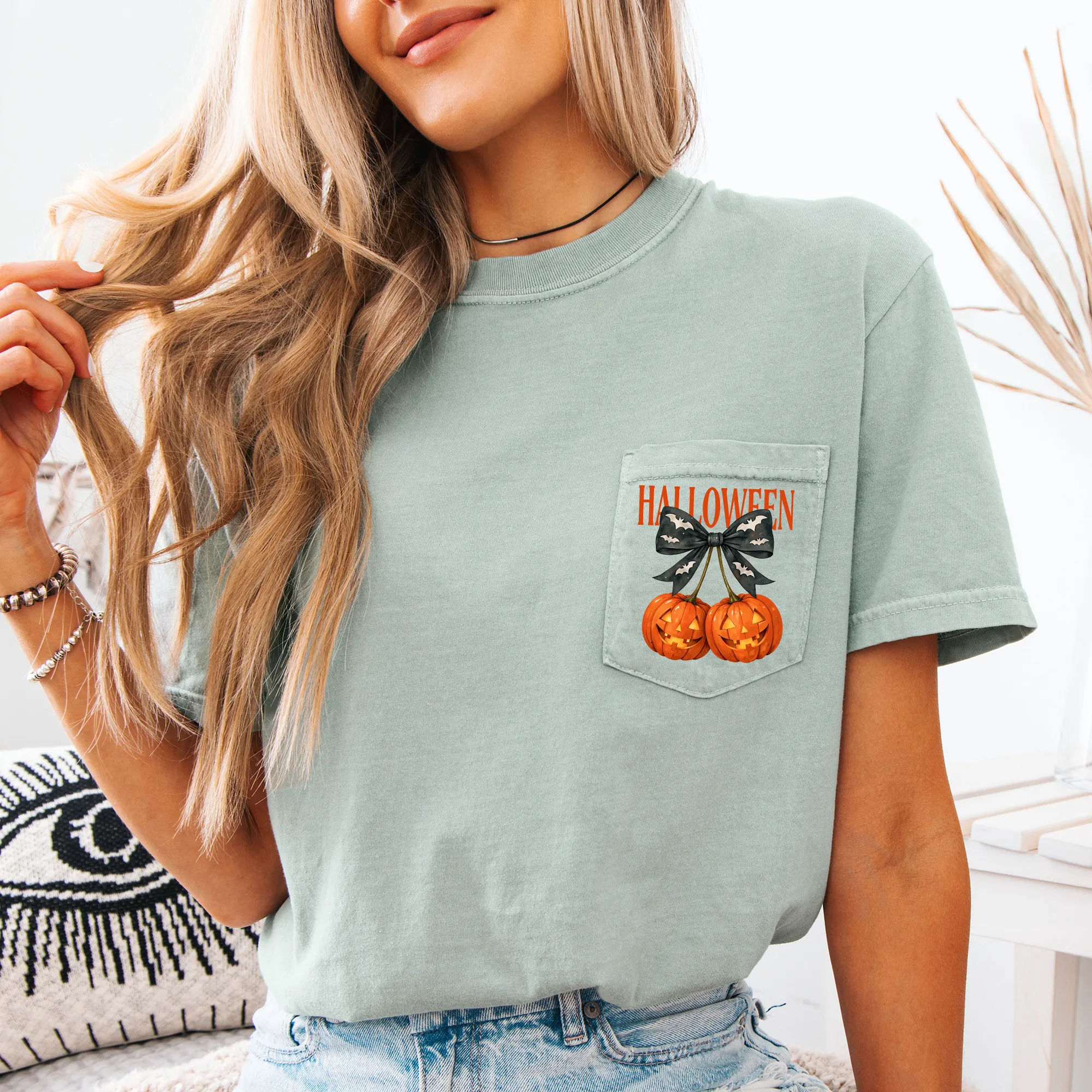Halloween Jack o Lanterns, Cherry, Coquette, Cute, Adorable, Pocket, Comfort Colors Pocket T-Shirt sold by Refinery Number One product image thumbnail 3