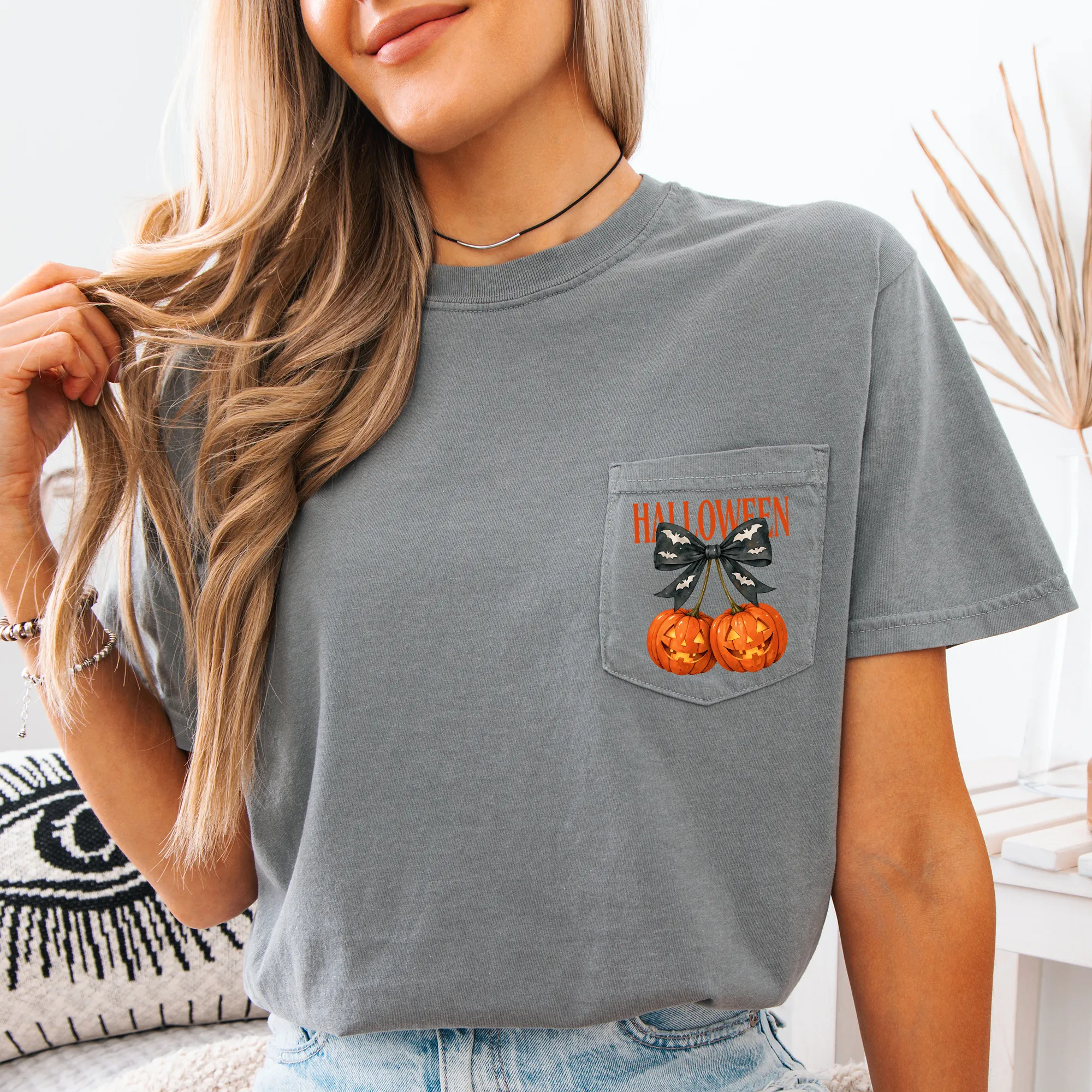 Halloween Jack o Lanterns, Cherry, Coquette, Cute, Adorable, Pocket, Comfort Colors Pocket T-Shirt sold by Refinery Number One product image thumbnail 5