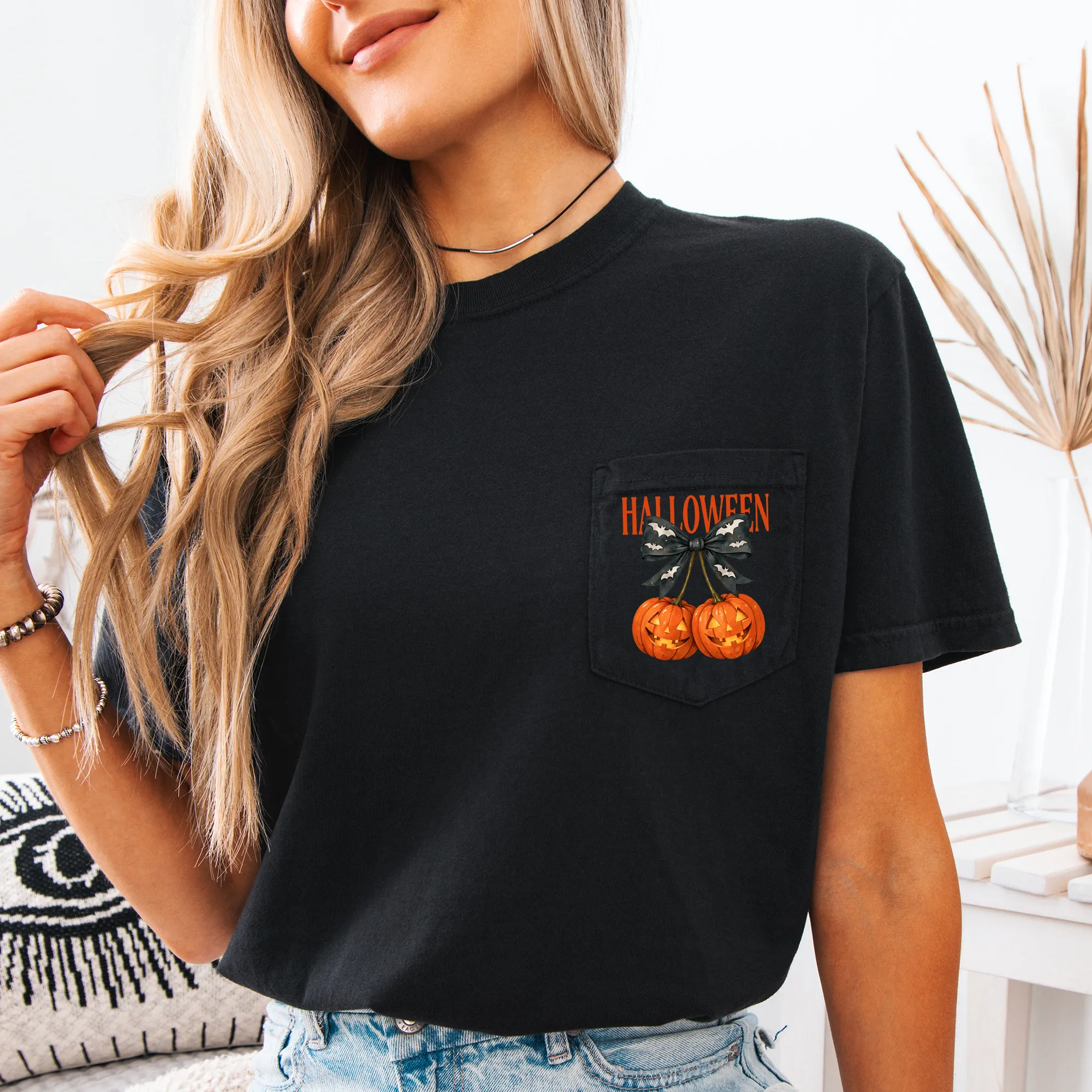 Halloween Jack o Lanterns, Cherry, Coquette, Cute, Adorable, Pocket, Comfort Colors Pocket T-Shirt sold by Refinery Number One product image thumbnail 4