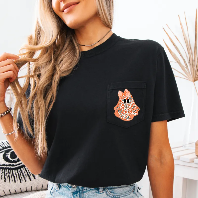 Cute Halloween Ghost, Pattern, Coquette, Pocket, Comfort Colors Pocket T-Shirt sold by Refinery Number One