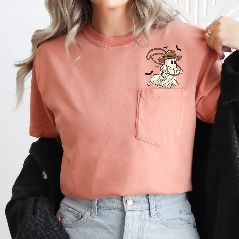 Cowboy Ghost, Lasso, Halloween, Cute, Western, Country, Pocket, Comfort Colors Pocket T-Shirt made by Refinery Number One