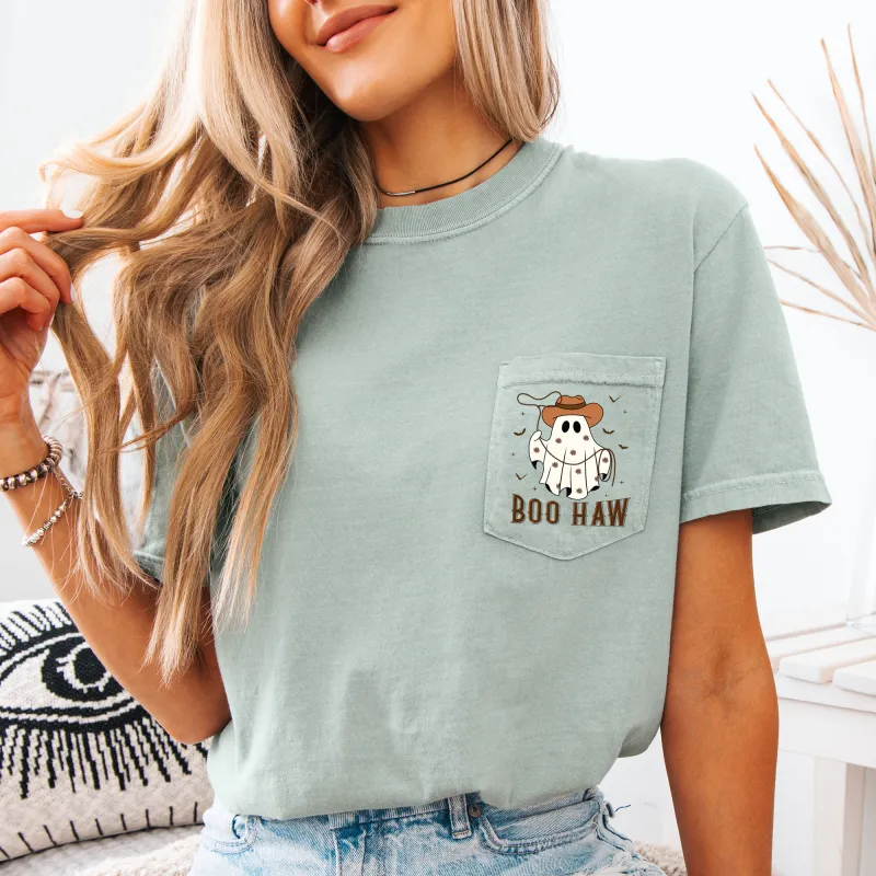 Boo Haw, Lasso, Cowboy, Western, Country, Halloween, Comfort Colors Pocket T-Shirt made by Refinery Number One