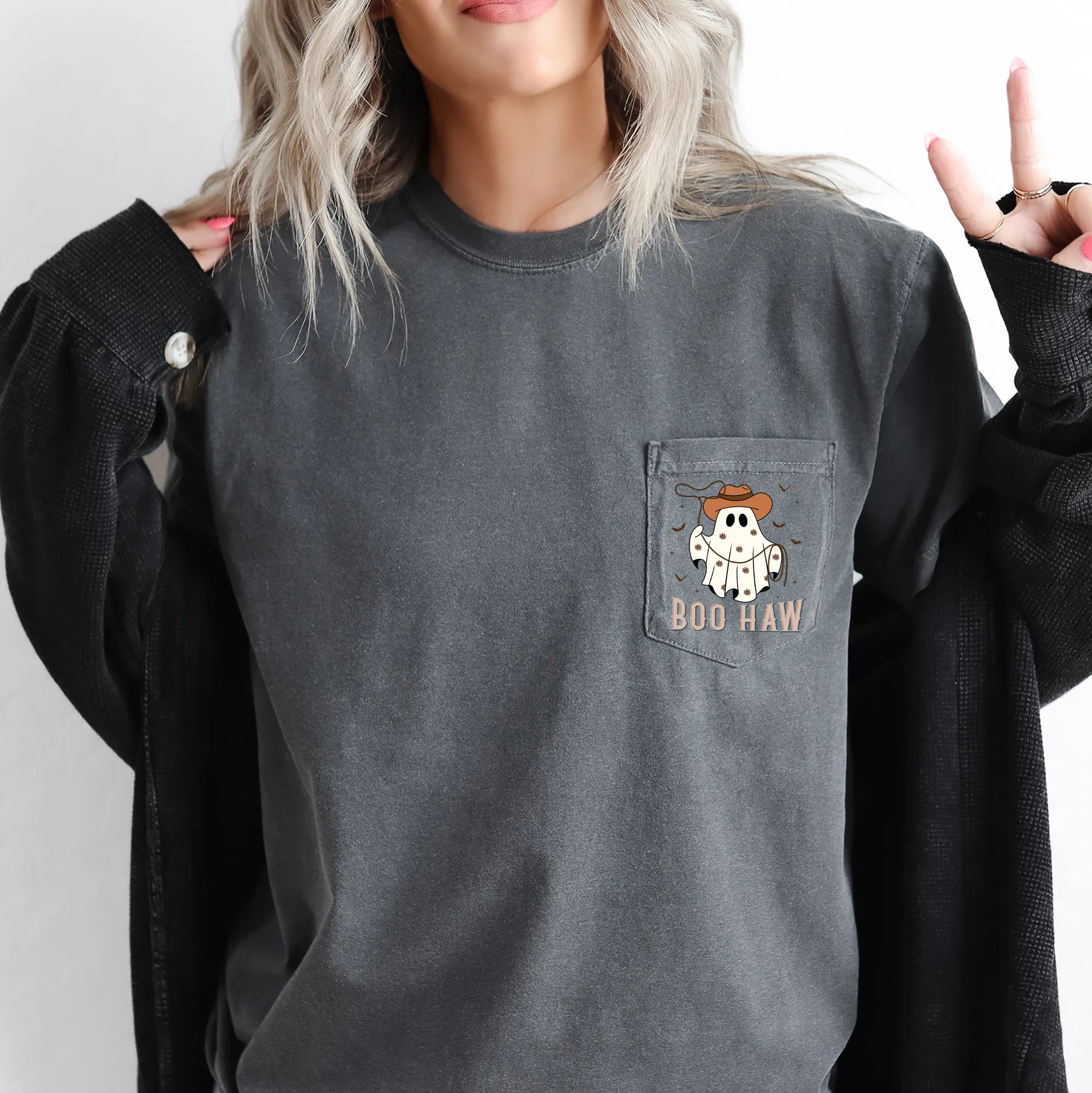 Boo Haw, Lasso, Cowboy, Western, Country, Halloween, Comfort Colors Pocket T-Shirt sold by Refinery Number One product image thumbnail 3