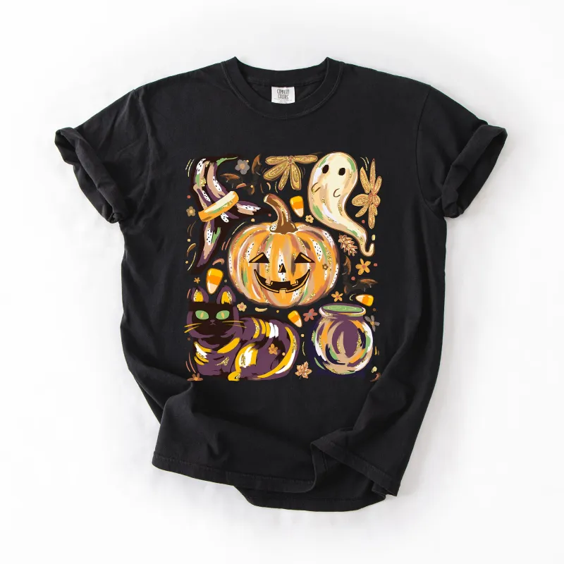 Cute Halloween Painted, Pumpkin, Black Cat, Ghost, Witch, Comfort Colors T-Shirt sold by Refinery Number One