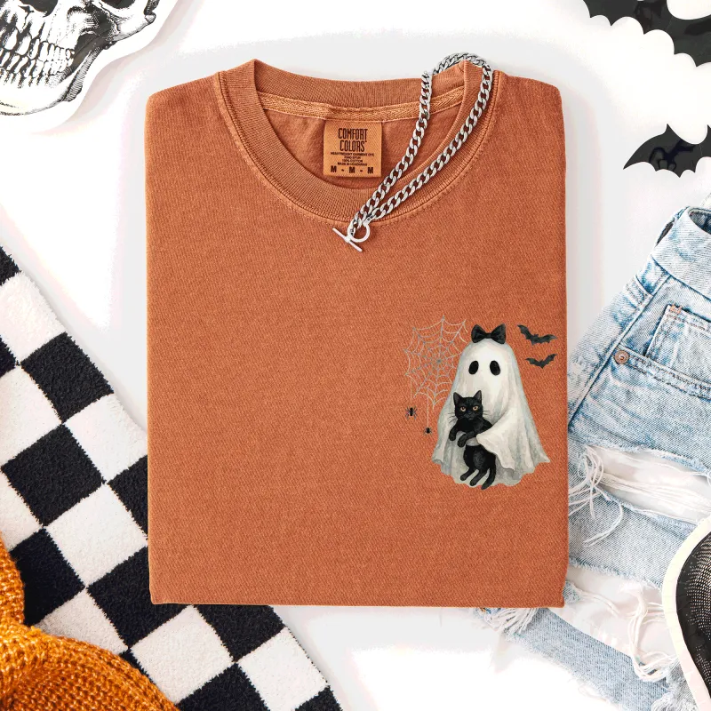Cute Ghost, Black Cat, Halloween, Coquette, Pocket, Comfort Colors T-Shirt sold by Refinery Number One