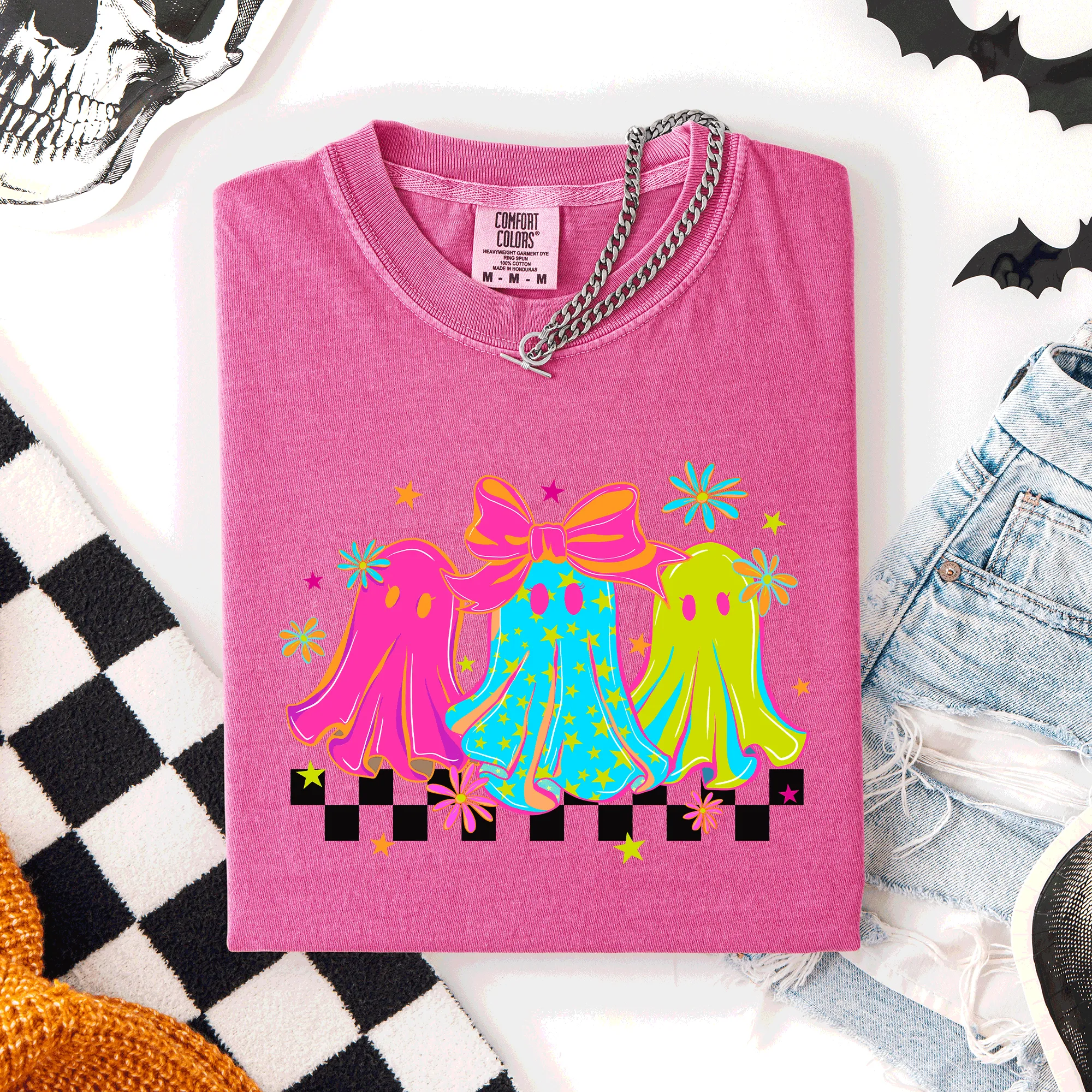 Bright And Colorful Retro Halloween Ghosts Checkered Graphic Design Limited Edition Comfort Colors Tee sold by Refinery Number One product image thumbnail 4