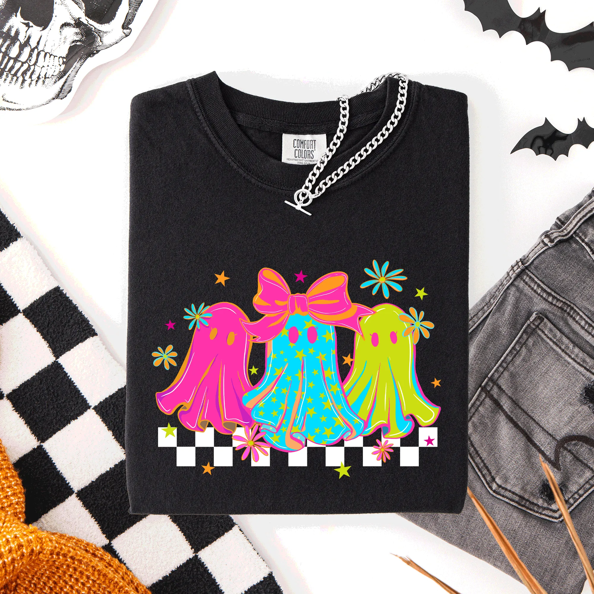 Bright And Colorful Retro Halloween Ghosts Checkered Graphic Design Limited Edition Comfort Colors Tee sold by Refinery Number One product image thumbnail 5