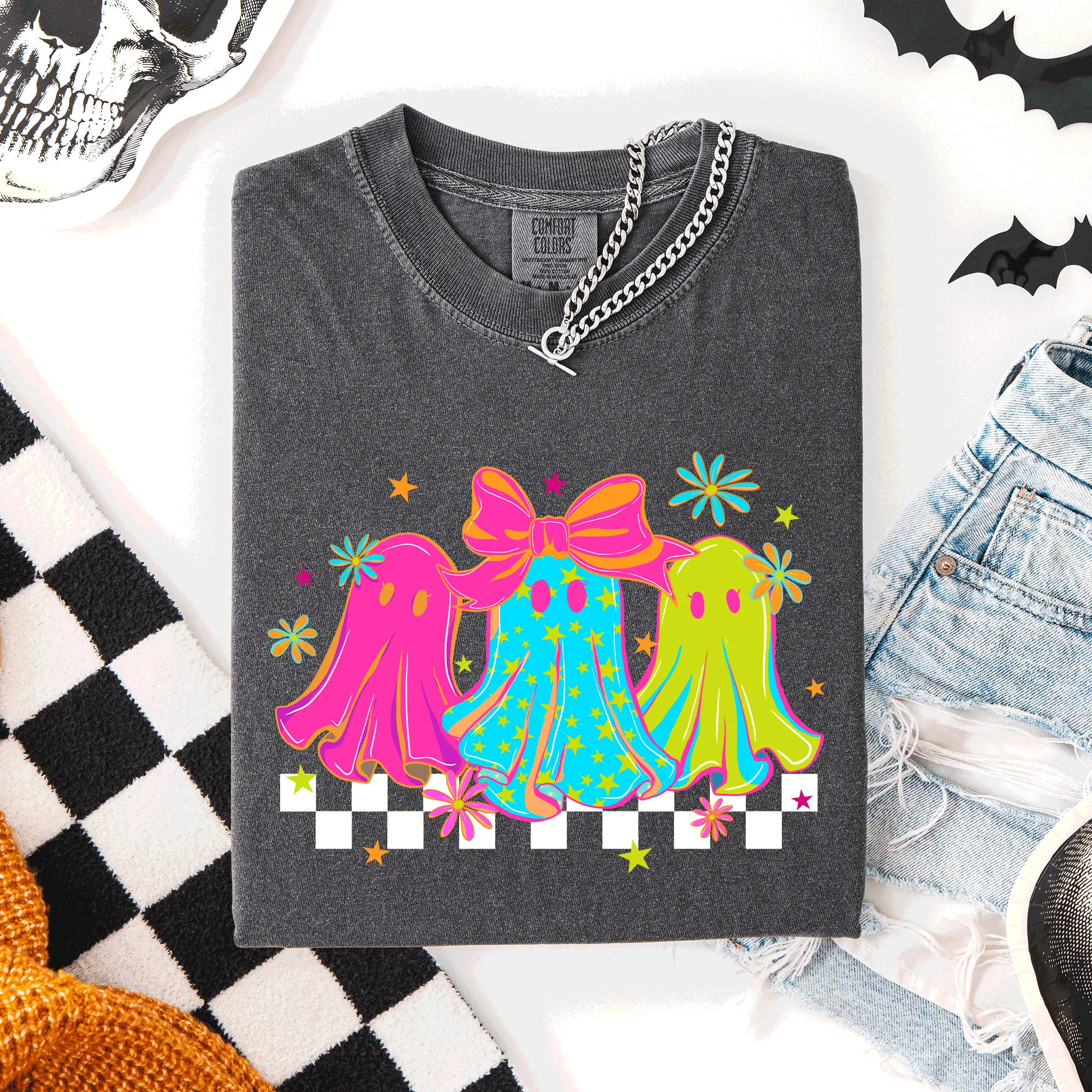 Bright And Colorful Retro Halloween Ghosts Checkered Graphic Design Limited Edition Comfort Colors Tee sold by Refinery Number One product image thumbnail 3