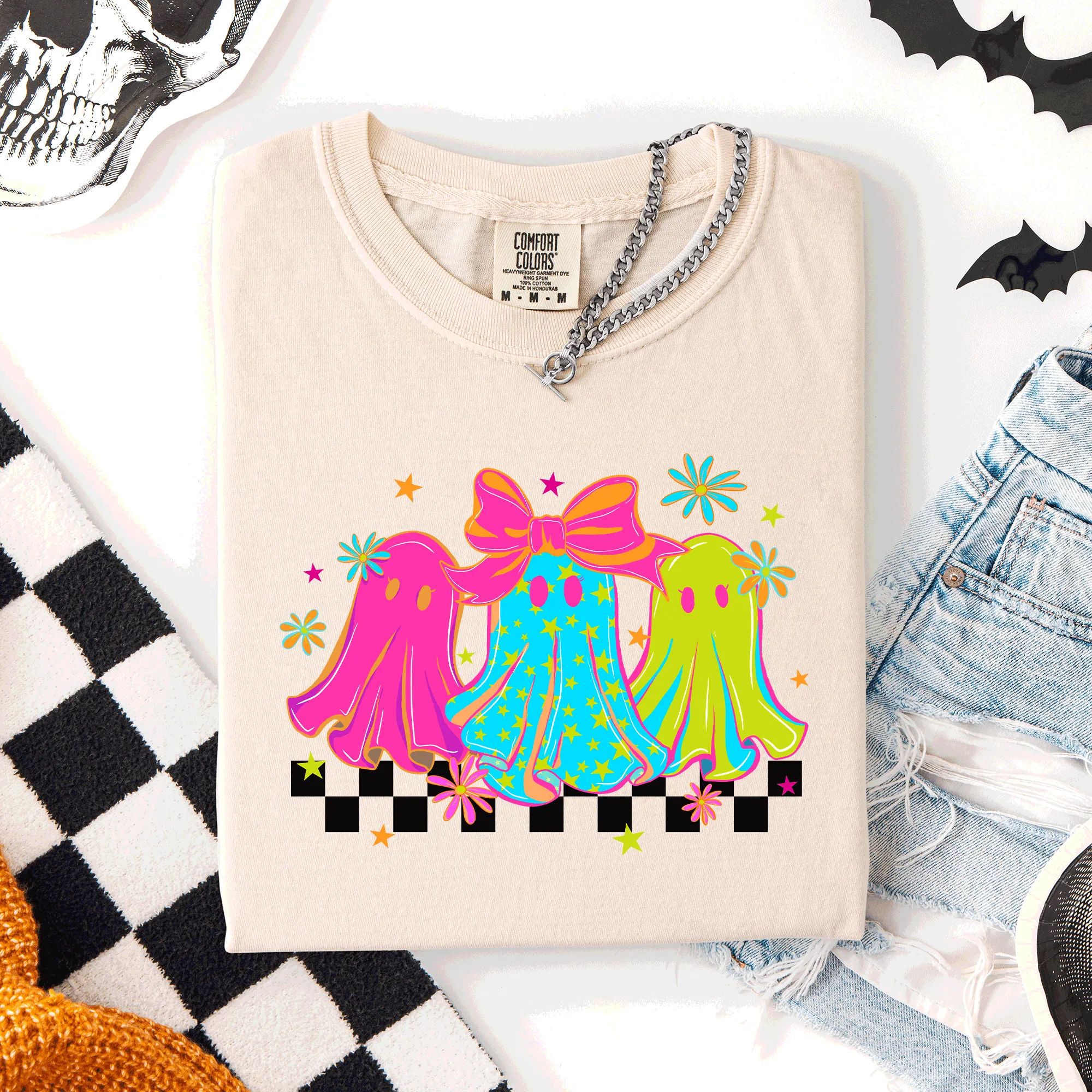 Bright And Colorful Retro Halloween Ghosts Checkered Graphic Design Limited Edition Comfort Colors Tee sold by Refinery Number One product image thumbnail 2