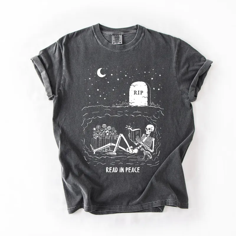 Read In Peace, Skeleton, RIP, Halloween, Booktok, Bookish, Library, Trending Graphic Tee, Comfort Colors T-Shirt sold by Refinery Number One