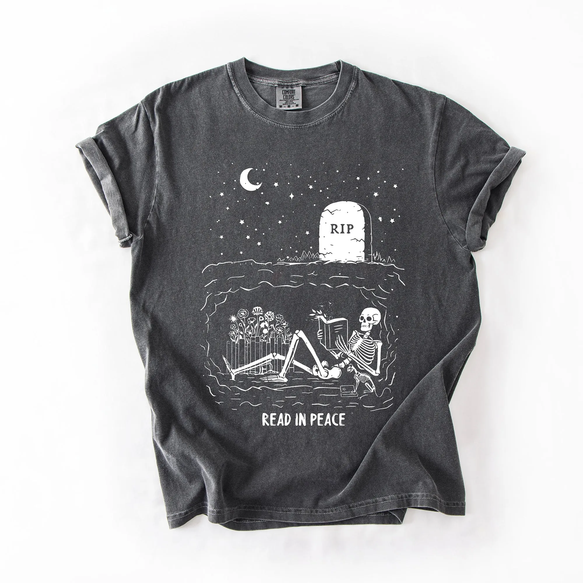 Read In Peace, Skeleton, RIP, Halloween, Booktok, Bookish, Library, Trending Graphic Tee, Comfort Colors T-Shirt sold by Refinery Number One