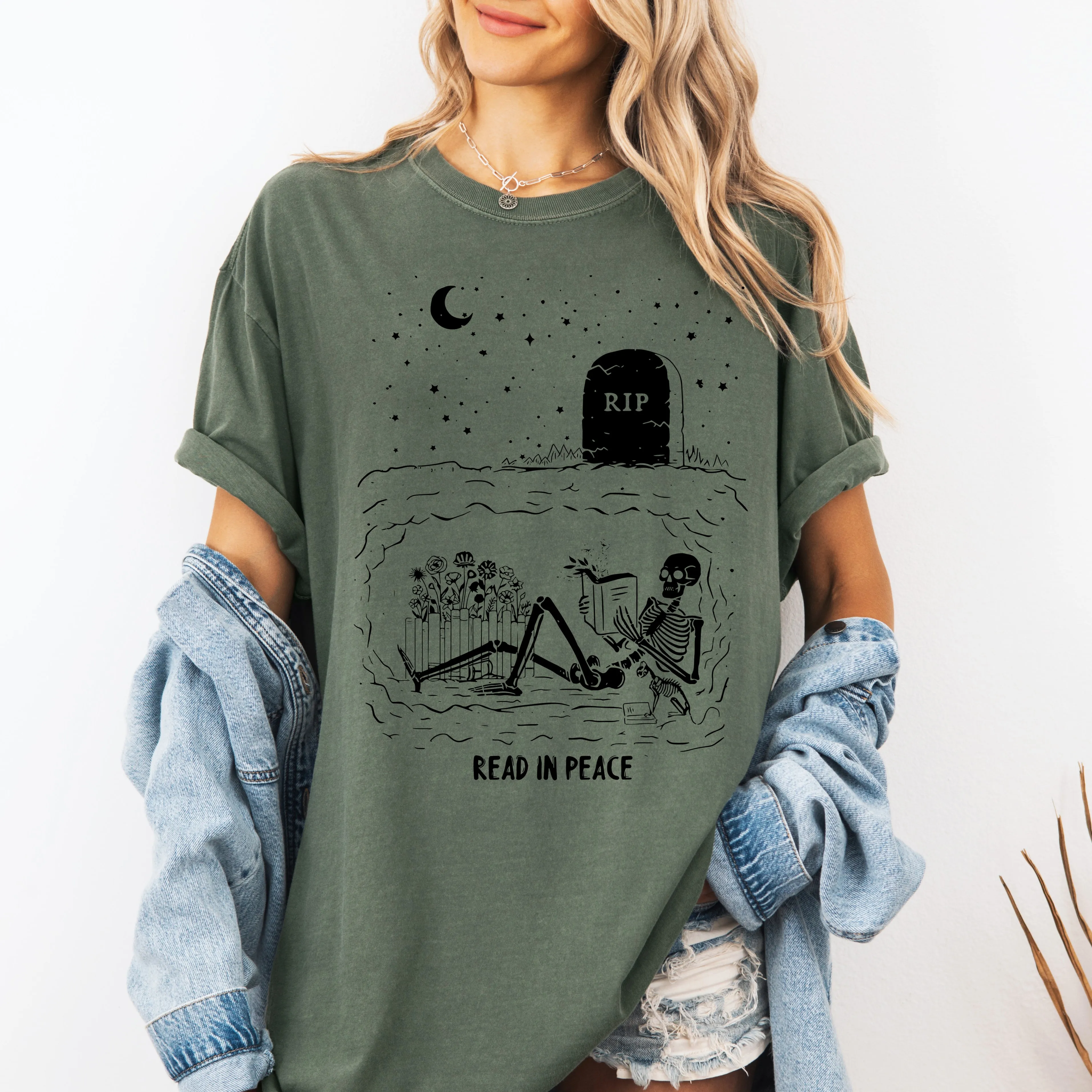 Read In Peace, Skeleton, RIP, Halloween, Booktok, Bookish, Library, Trending Graphic Tee, Comfort Colors T-Shirt sold by Refinery Number One product image thumbnail 5