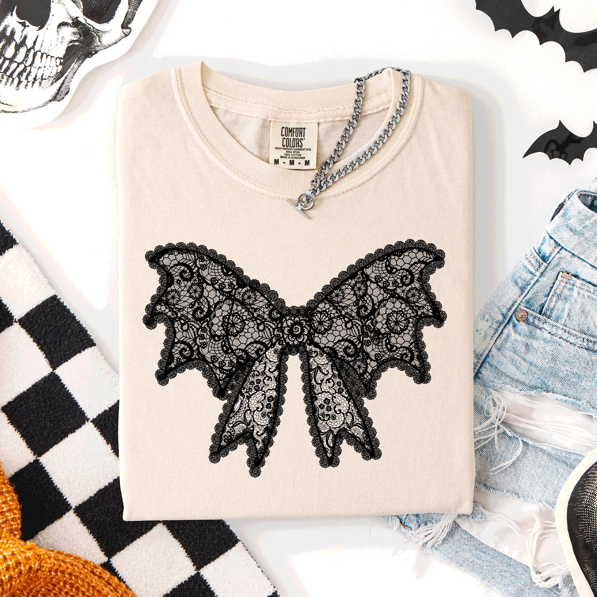 Lace Bow, Halloween, Goth, Faux Lace, Ribbon, Coquette, Comfort Colors T-Shirt sold by Refinery Number One