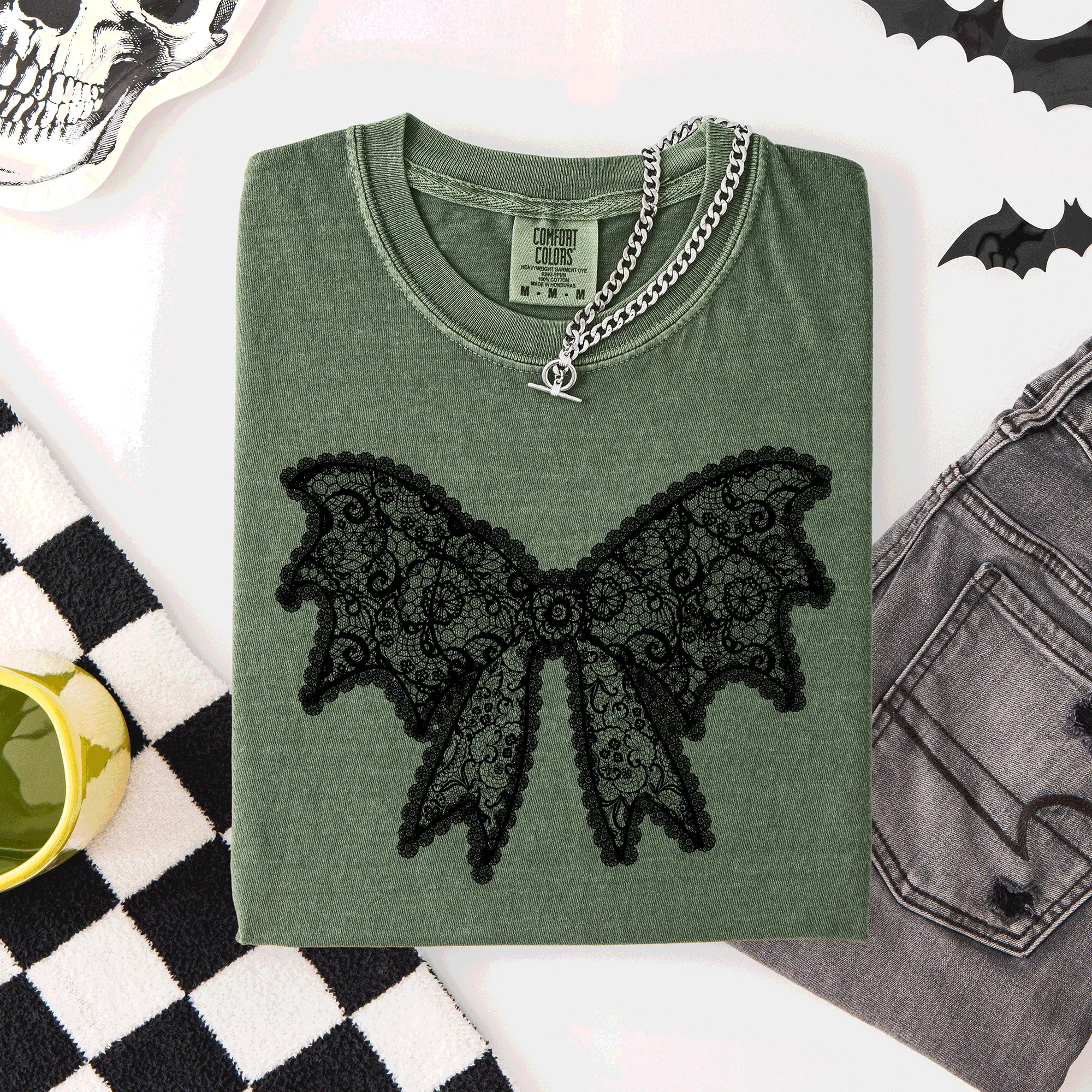 Lace Bow, Halloween, Goth, Faux Lace, Ribbon, Coquette, Comfort Colors T-Shirt sold by Refinery Number One product image thumbnail 5